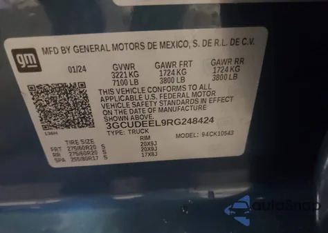 2024 Chevrolet Silverado 1500 4Wd Short Bed Rst из США, поврежденный, VIN 3GCUDEEL9RG248424